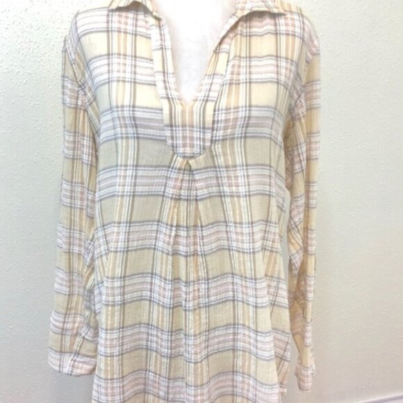 SUNDANCE Molly Gauze Yellow Plaid Collared Top Sz L Cottagecore Coastal Grandma - Picture 1 of 16